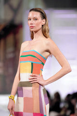 Look 1: Côte d’Azur Grand Plaid Column Bustier With Slit - Kevan Hall Co. -