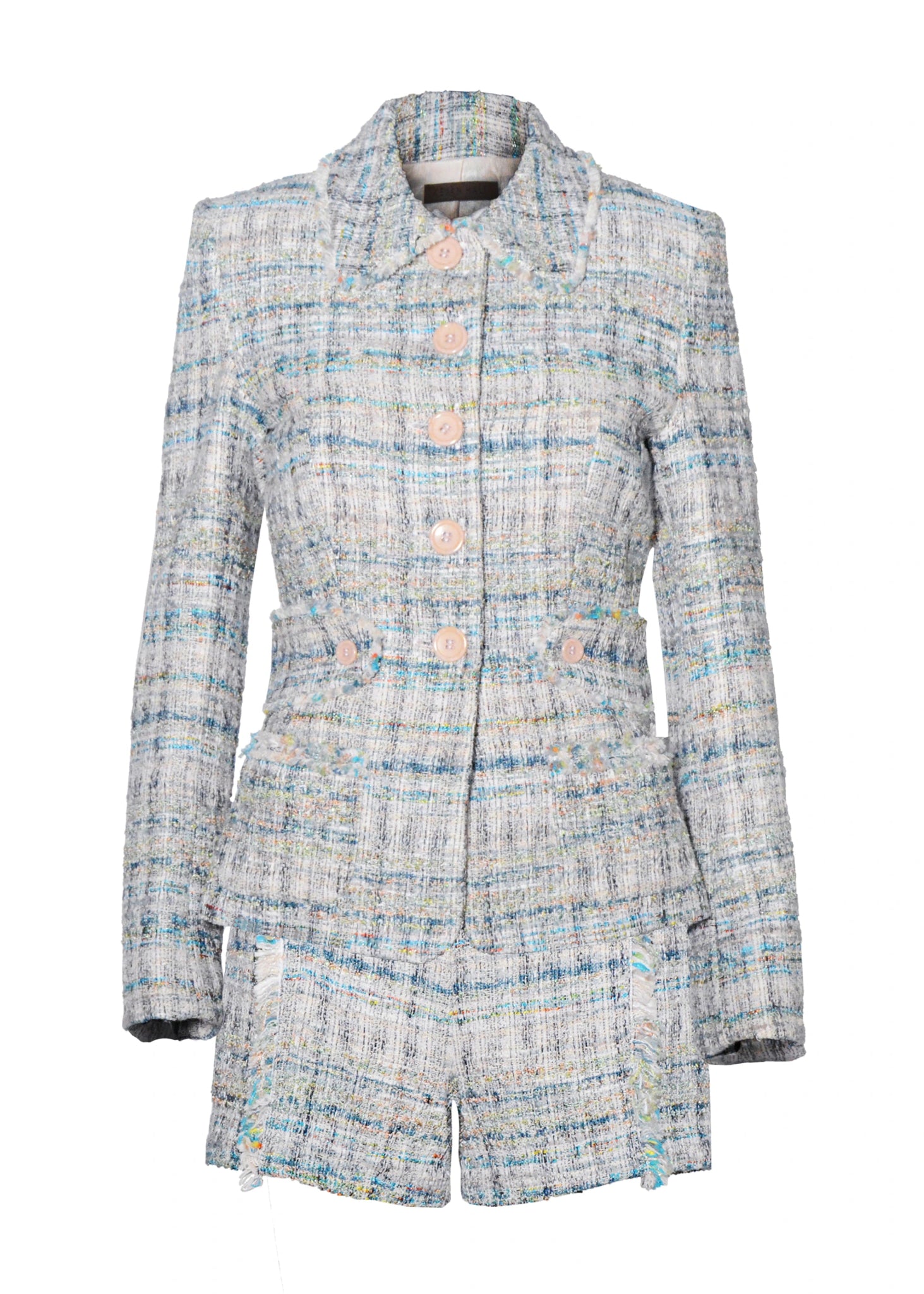 Pale Cream and Blue Tweed Button-Front Jacket and Fringed Hot Pant