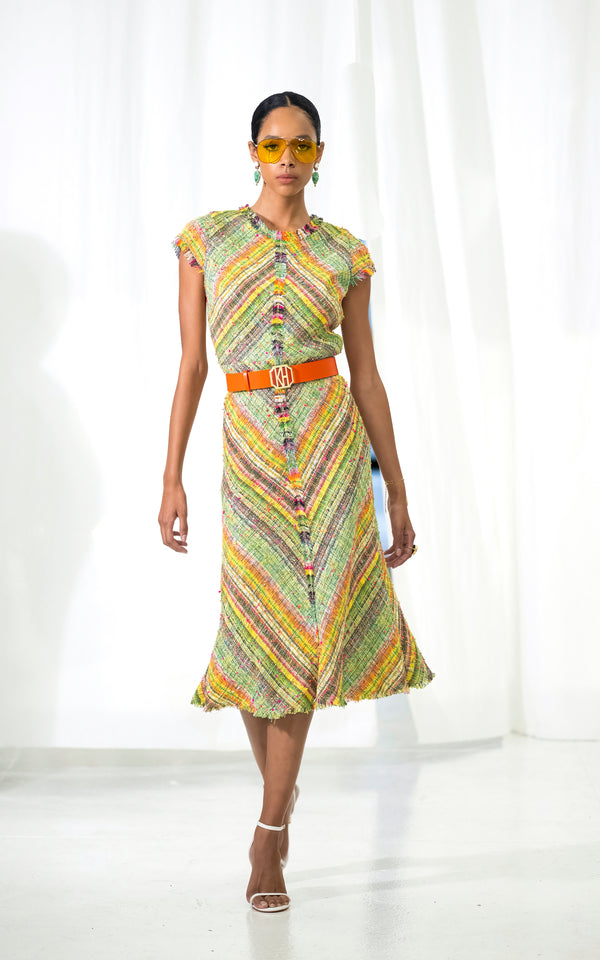 Look 2 Chartreuse Donegal Tweed Mitered Dress