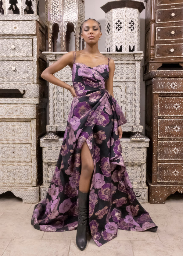 Look 14 Floral Jacquard Draped Gown with Bow