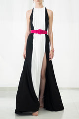 Look 20 Black and White Pleated Crepe and Pebble Georgette Tuxedo Front Racer Gown