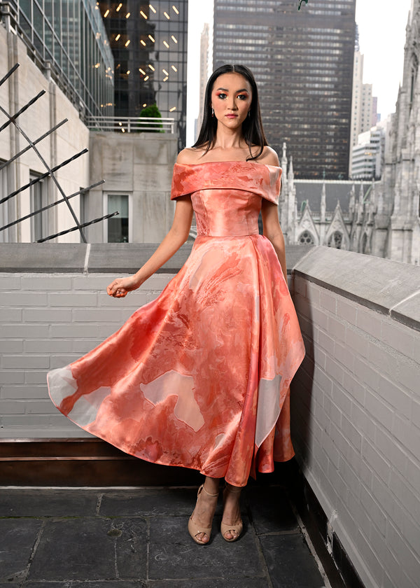 Look 21: Tangerine Off-The-Shoulder Fil Coupé Dress