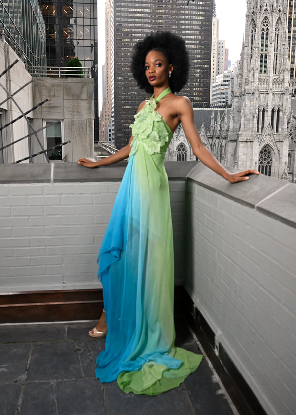 Look 24: Peridot and Turquoise Silk Chiffon Ombre Gown with Lace Floral Appliqué