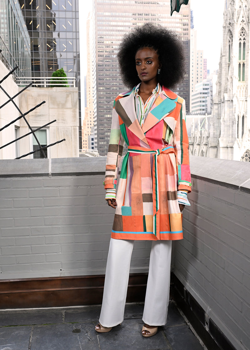 Look 4: Côte d’Azur Grand Plaid Trench Coat, Embroidered Deauville Striped Shirt and Hi-Waist Pant