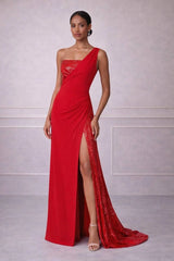Blush Crepe and Floral Micro Sequin Embroidered One - Shoulder Gown - Kevan Hall - 1