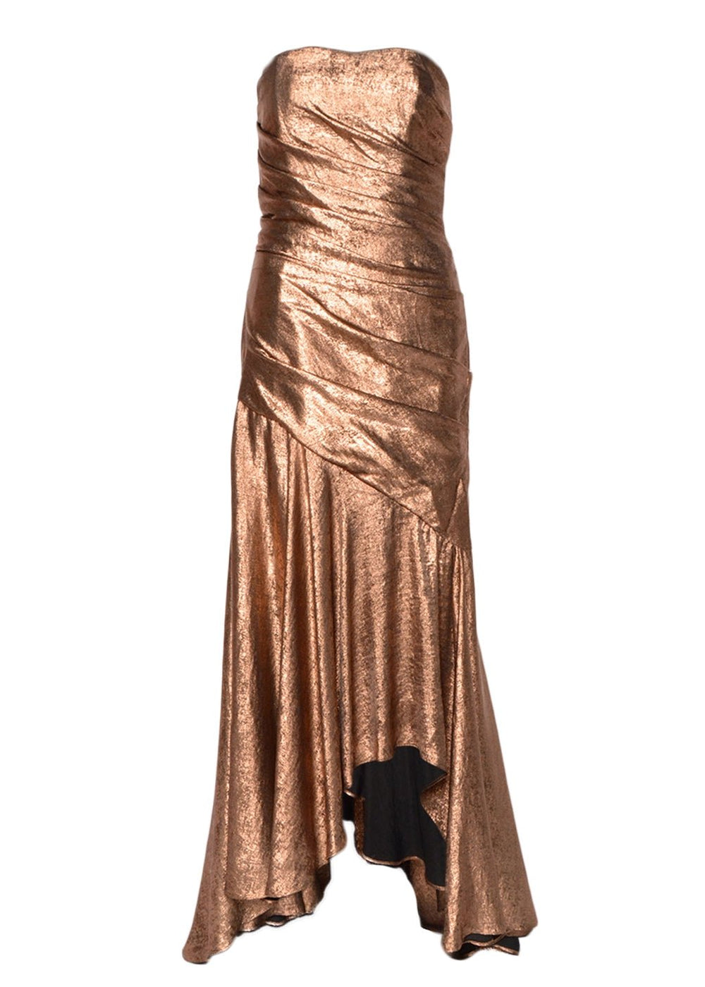 gold high low dress Bronze Liquid Lamé Draped Bustier High-Low Dress 6
