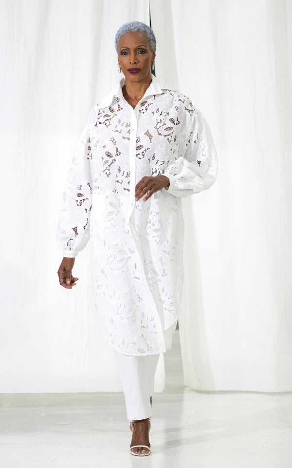 Look 12 White Floral Lace Shirt Dress Over Ponte Slit - Front Capri Pant - Kevan Hall Co. - 1