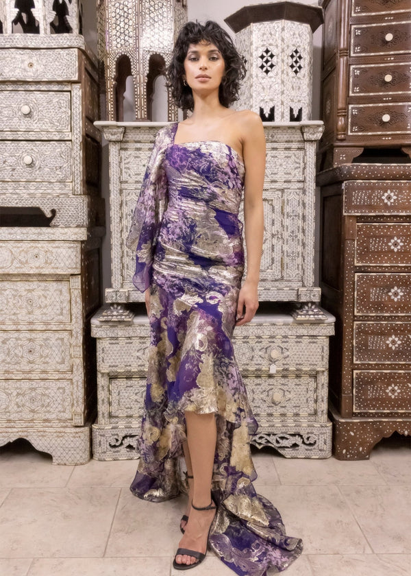 Look 13 Metallic Chiffon Draped Hi - Lo Gown - Kevan Hall Co. - 5