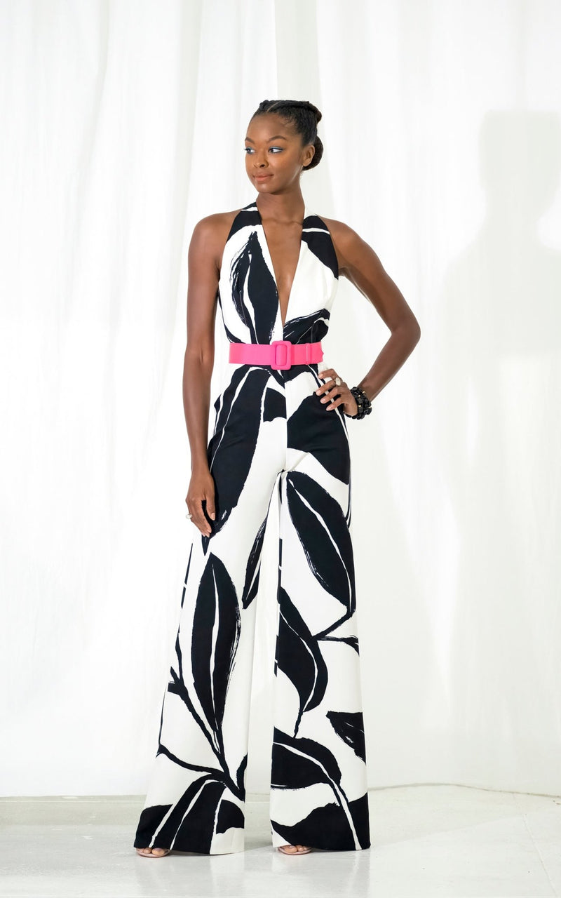 Look 17 Black and White Leaf Print Jumpsuit - Kevan Hall Co. - 1