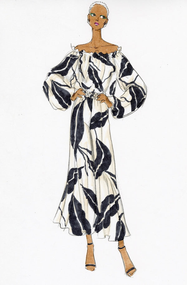 Look 19 Black and White Leaf Print Blouson Top and Palazzo Pant - Kevan Hall Co. - 1