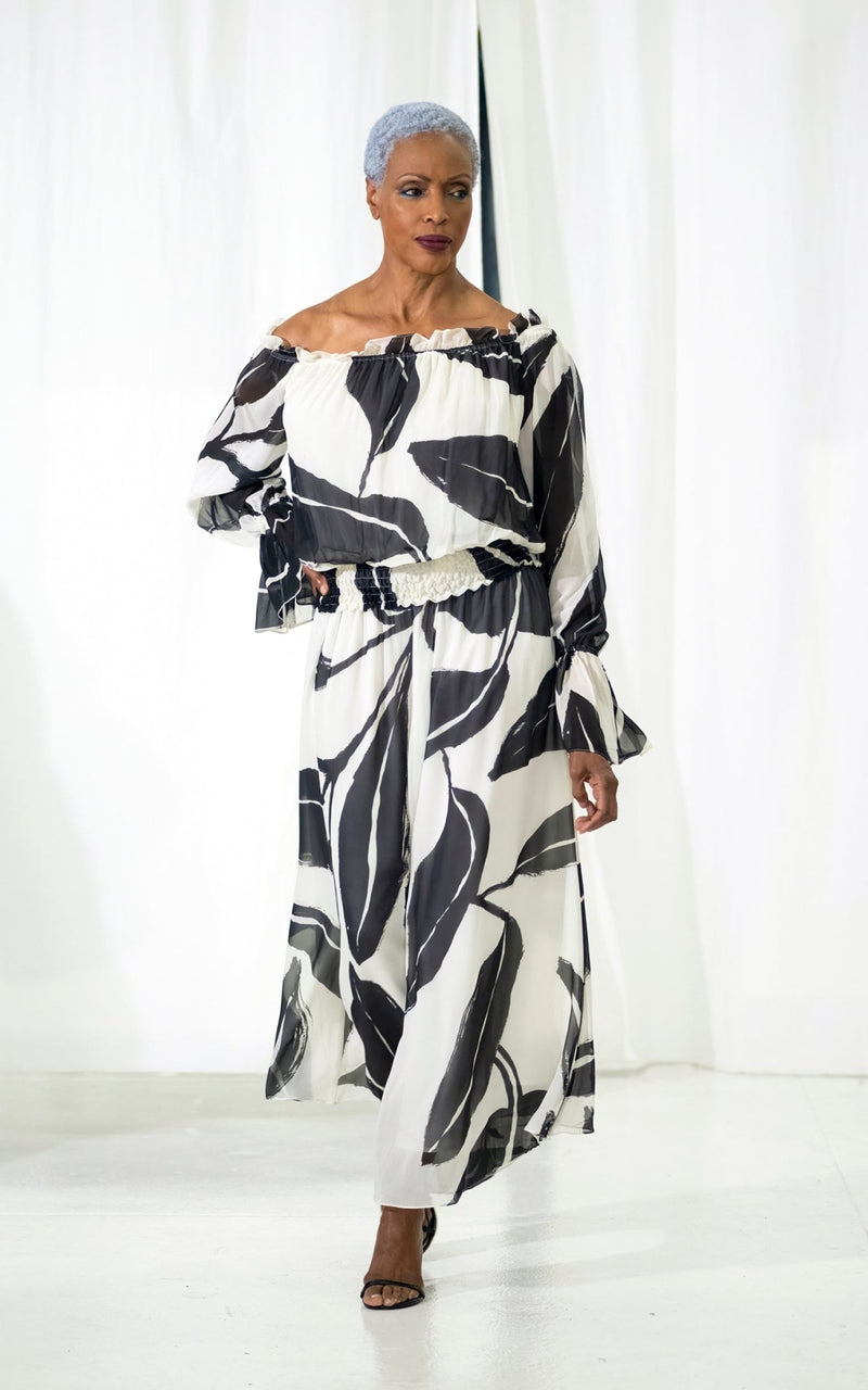 Look 19 Black and White Leaf Print Blouson Top and Palazzo Pant - Kevan Hall Co. - 1