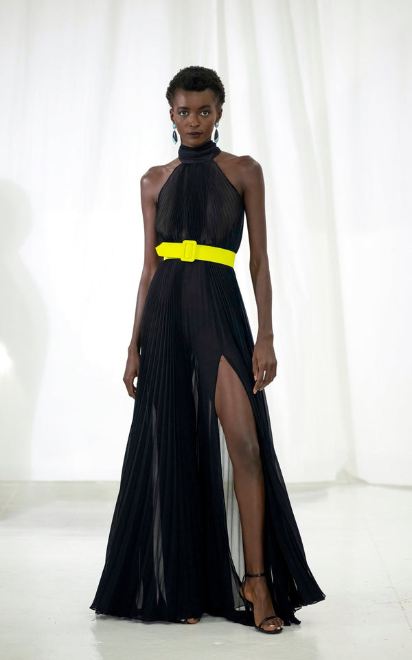 Look 21 Black Sunburst Pleated Pebble Georgette Racer Gown - Kevan Hall Co. - 1