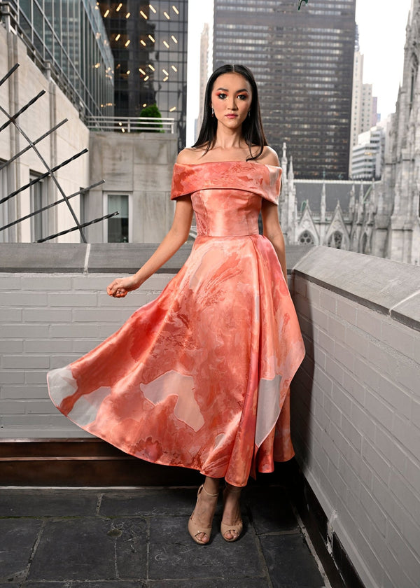 Look 21: Tangerine Off - The - Shoulder Fil Coupé Dress - Kevan Hall Co. - 