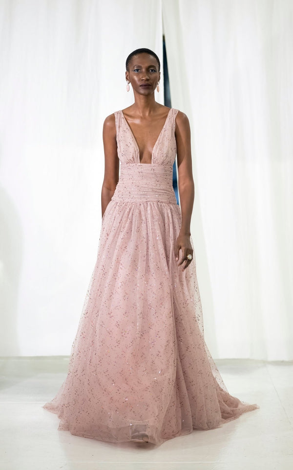 Look 23 Blush Sequin Tulle Gown With Draped Waist - Kevan Hall Co. - 1