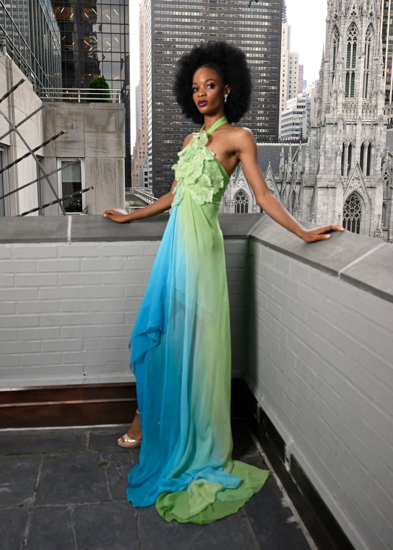 Kevan Hall Co. Peridot and Turquoise Silk Chiffon Ombre Gown with Lace Floral Applique 6