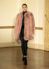 Look 26: Blush Rose Cut Fox Coat Over 4 - Stripe Tuxedo Pant - Kevan Hall Co. - 