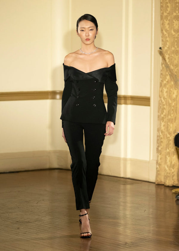 Look 28: Onyx Off - Shoulder Double Breast Tuxedo Pantsuit - Kevan Hall Co. - 