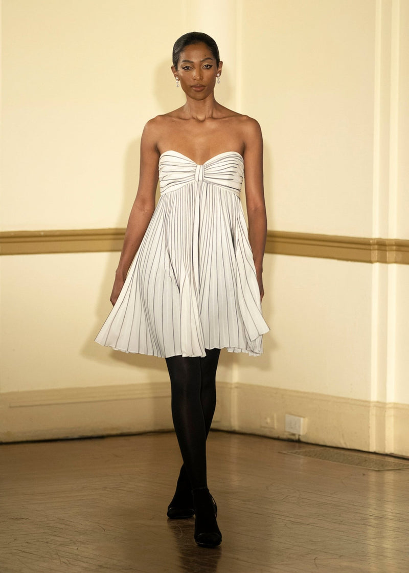 Look 3: Alabaster Draped Bustier with Striped Pleated Skirt - Kevan Hall Co. - 