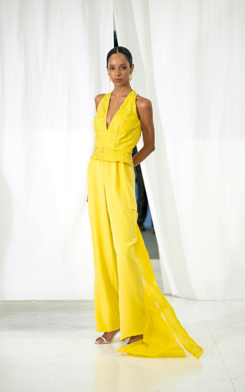 Look 31 Yellow Sequin Vest Jumpsuit with Cargo Pockets - Kevan Hall Co. - 1