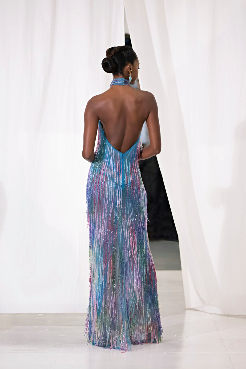 Look 32 Colorful Bugle - Beaded Fringe Halter Gown - Kevan Hall Co. - 1