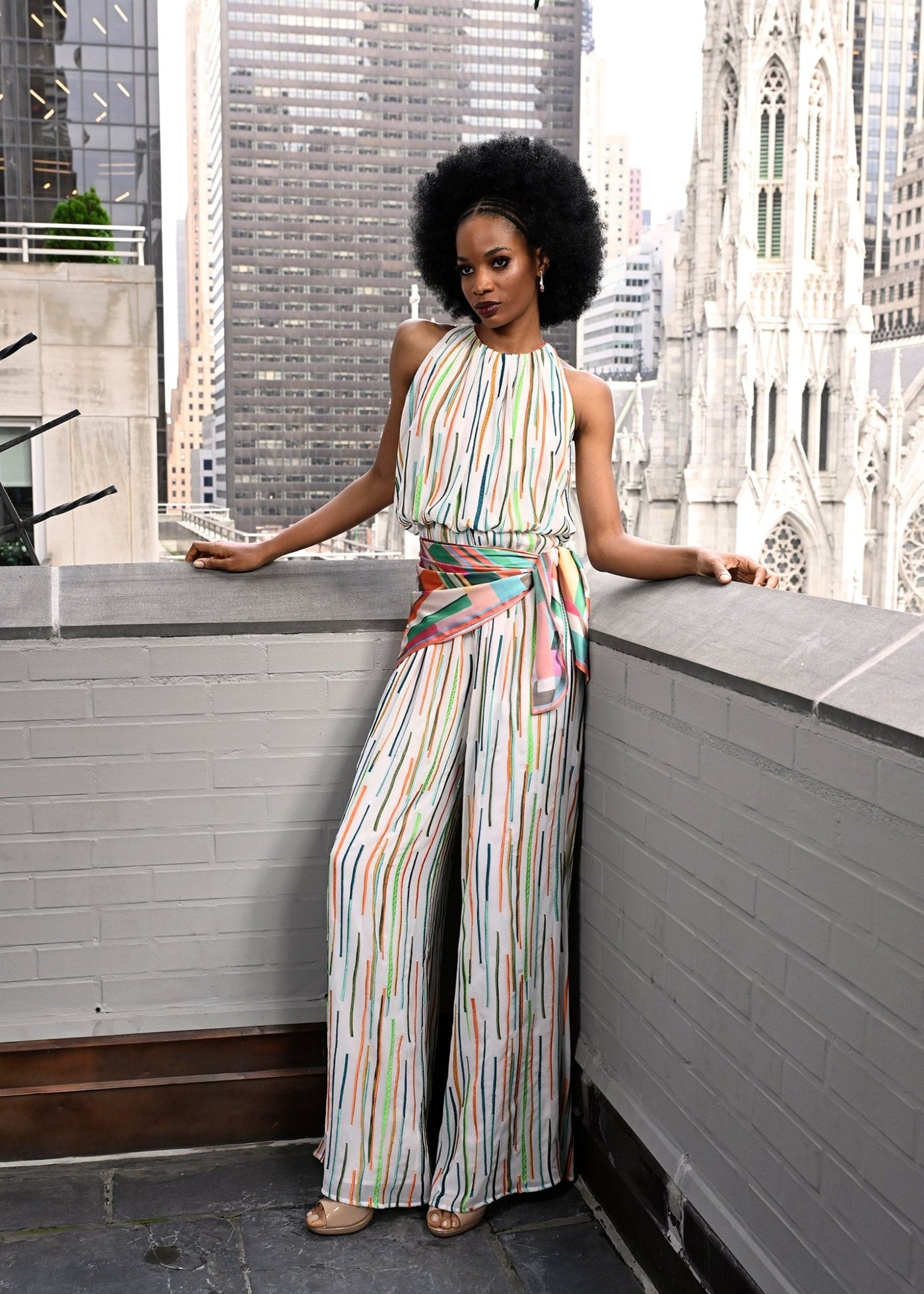 Multi color Deauville Embroidered Stripe Jumpsuit Kevan Hall