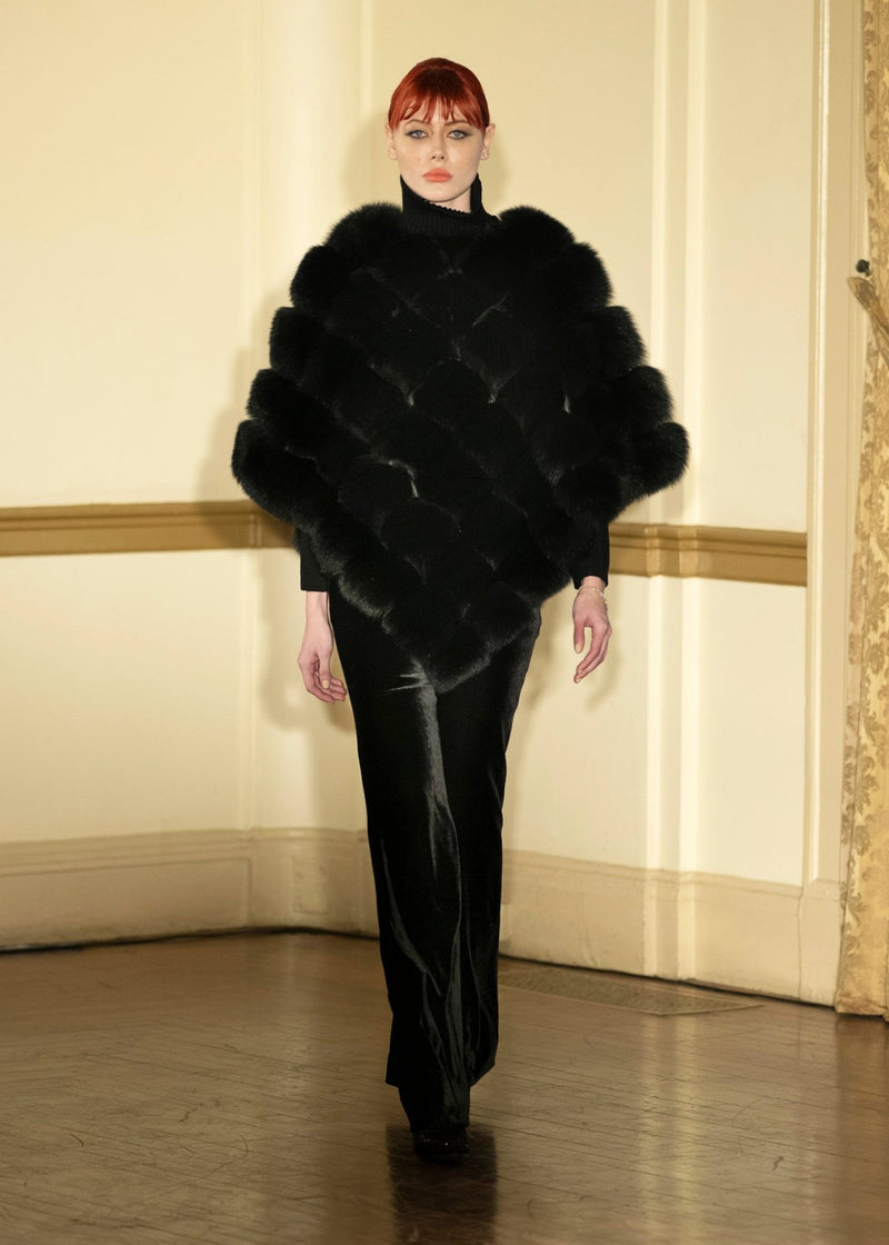 Look 9: Black Diamond Fox Poncho with Turtleneck and Onyx Velvet Jean - Kevan Hall Co. - 