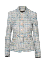 Pale Cream and Blue Donegal Tweed Button - Front Jacket and Fringed Hot Pants - Kevan Hall Co. - 1