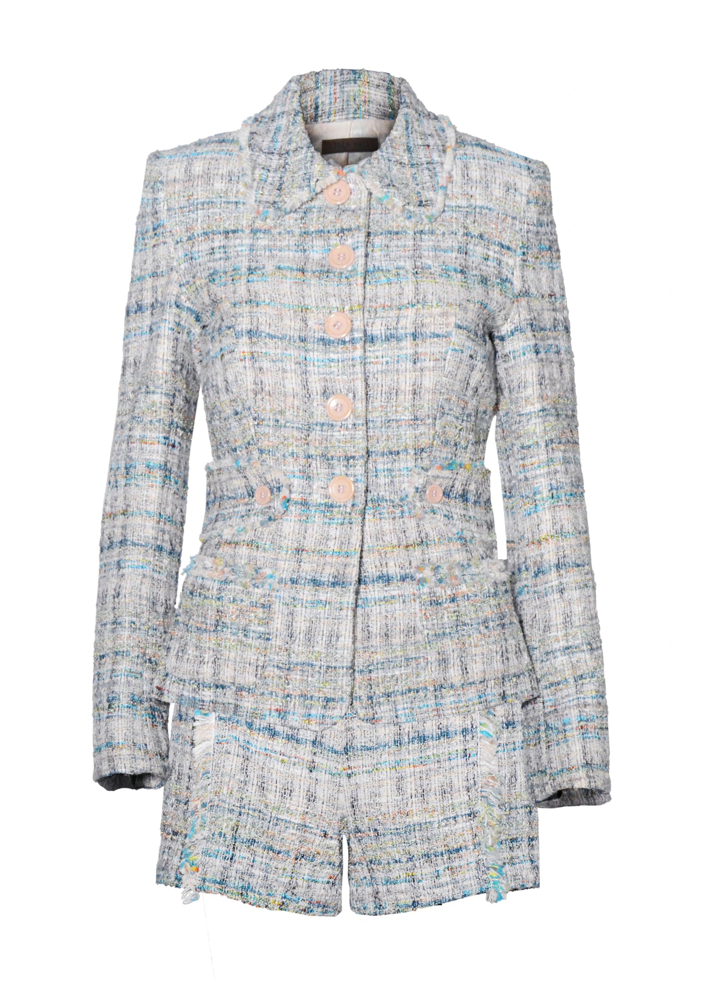 Pale Cream and Blue Tweed Button-Front Jacket and Fringed Hot Pant 