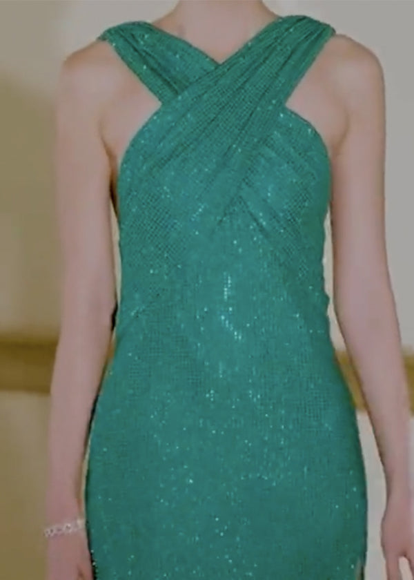 Emerald Diamante Crossover Halter Gown