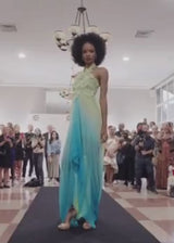 Peridot and Turquoise Silk Chiffon Ombre Gown with Lace Floral Appliqué