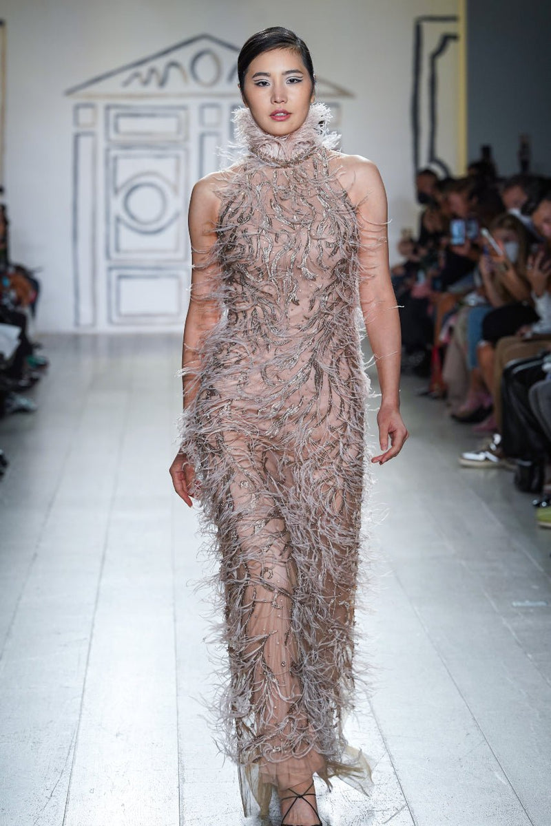 Taupe Ostrich Feather Racer Column Gown Taupe Ostrich Feather Racer Column Gown