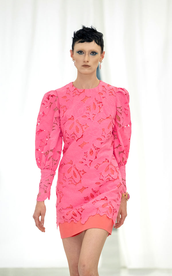 Look 11 Pink and Coral Floral Lace Sheath with Leg O’Mutton Sleeves