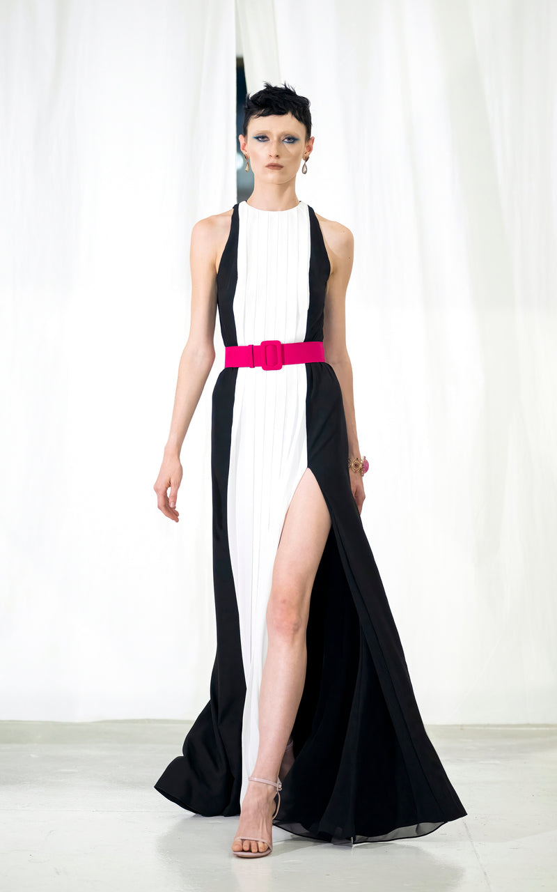 Look 20 Black and White Pleated Crepe and Pebble Georgette Tuxedo Front Racer Gown