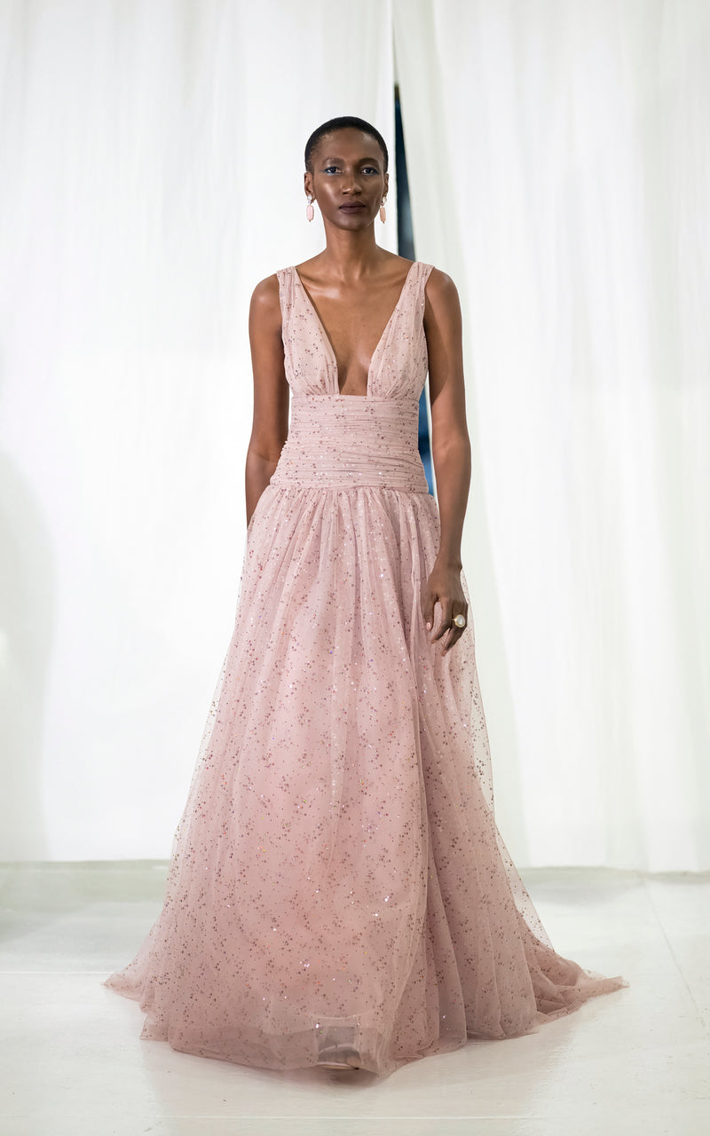 Look 23 Blush Sequin Tulle Gown With Draped Waist