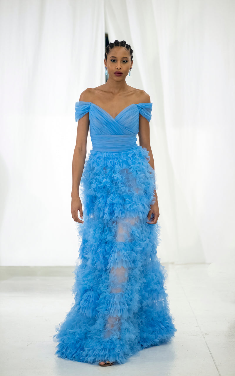Look 25 Blue Tulle Laser-Cut Confection Draped Gown