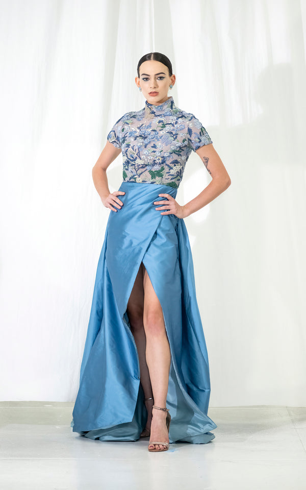 Look 27 Blue Beaded Bodice Taffeta Gown