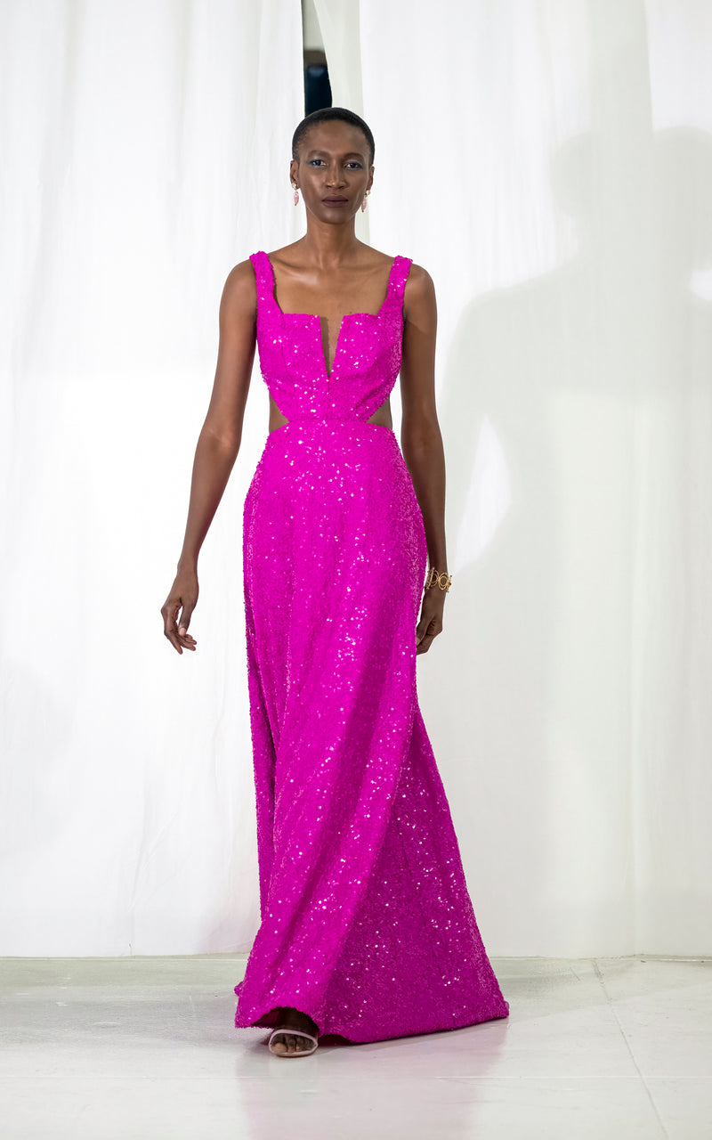 Look 30 Hot Pink Sequin Cut-Out Gown