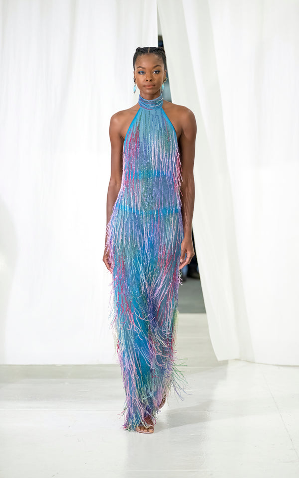 Look 32 Colorful Bugle-Beaded Fringe Halter Gown