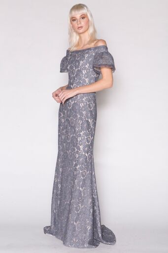 Lace Off-Shoulder Gown w/Puff Sleeve, grey