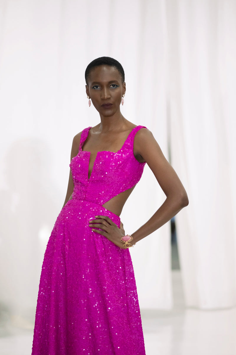 Look 30 Hot Pink Sequin Cut-Out Gown