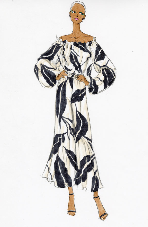Look 19 Black and White Leaf Print Blouson Top and Palazzo Pant