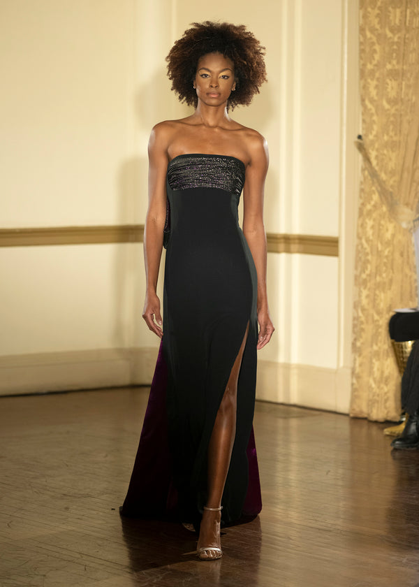 Look 31: Black Crepe Column Bustier with Stippled Amethyst Bow