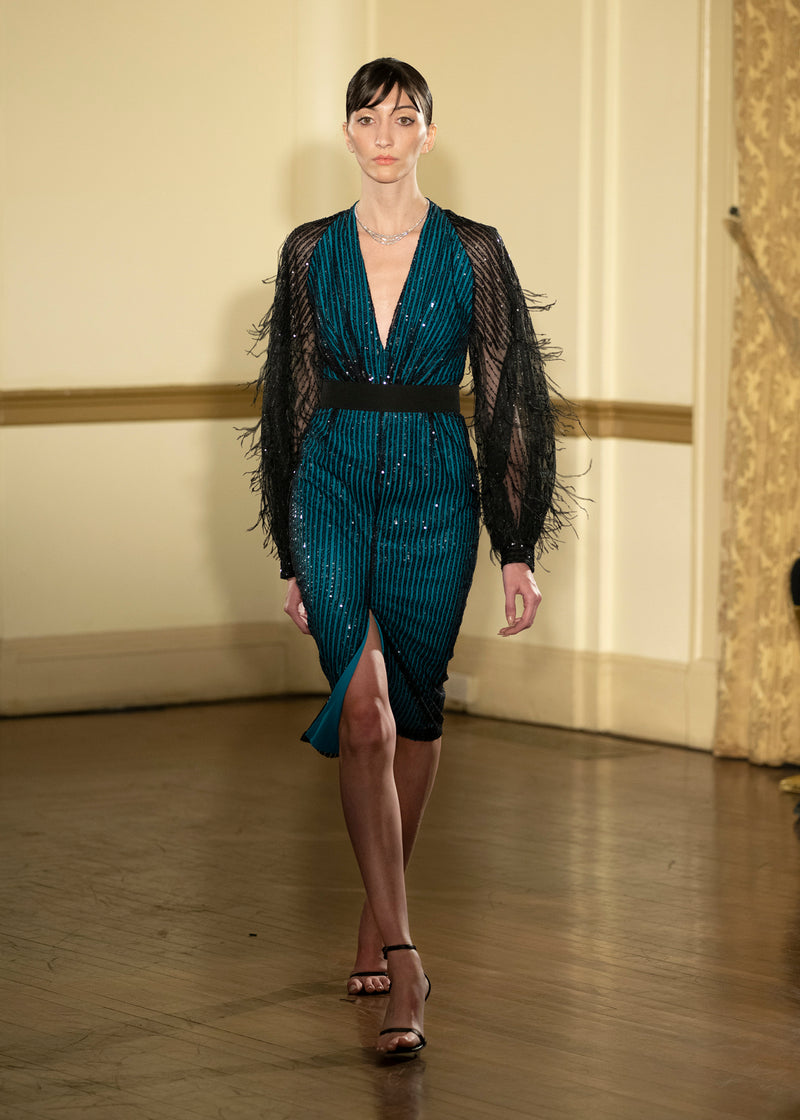 Look 34: Teal Sequin Stripe Tulle Dress with Ostrich Feather Embellished Sleeves