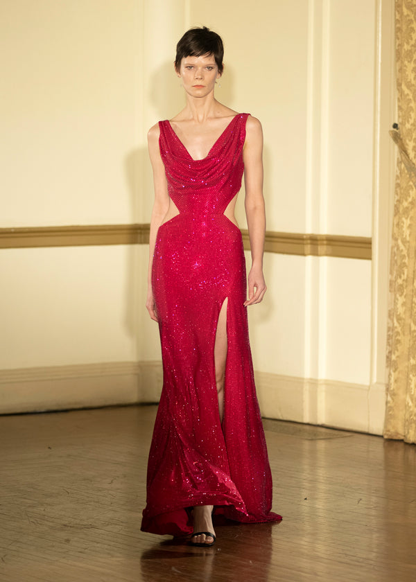 Look 38: Ruby Diamond Cut-Out Diamante Gown