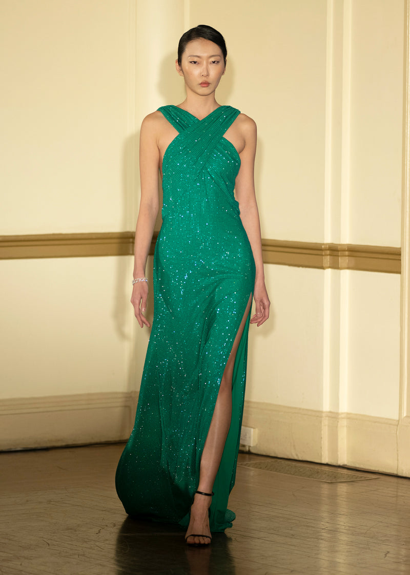 Look 40: Emerald Diamante Crossover Halter Gown