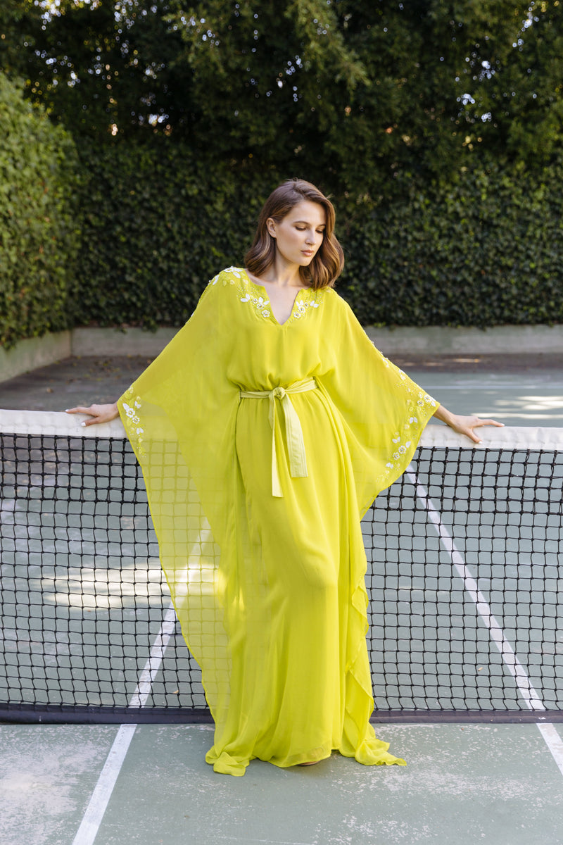 Silk Floral Beaded Chartreuse Caftan with Belt